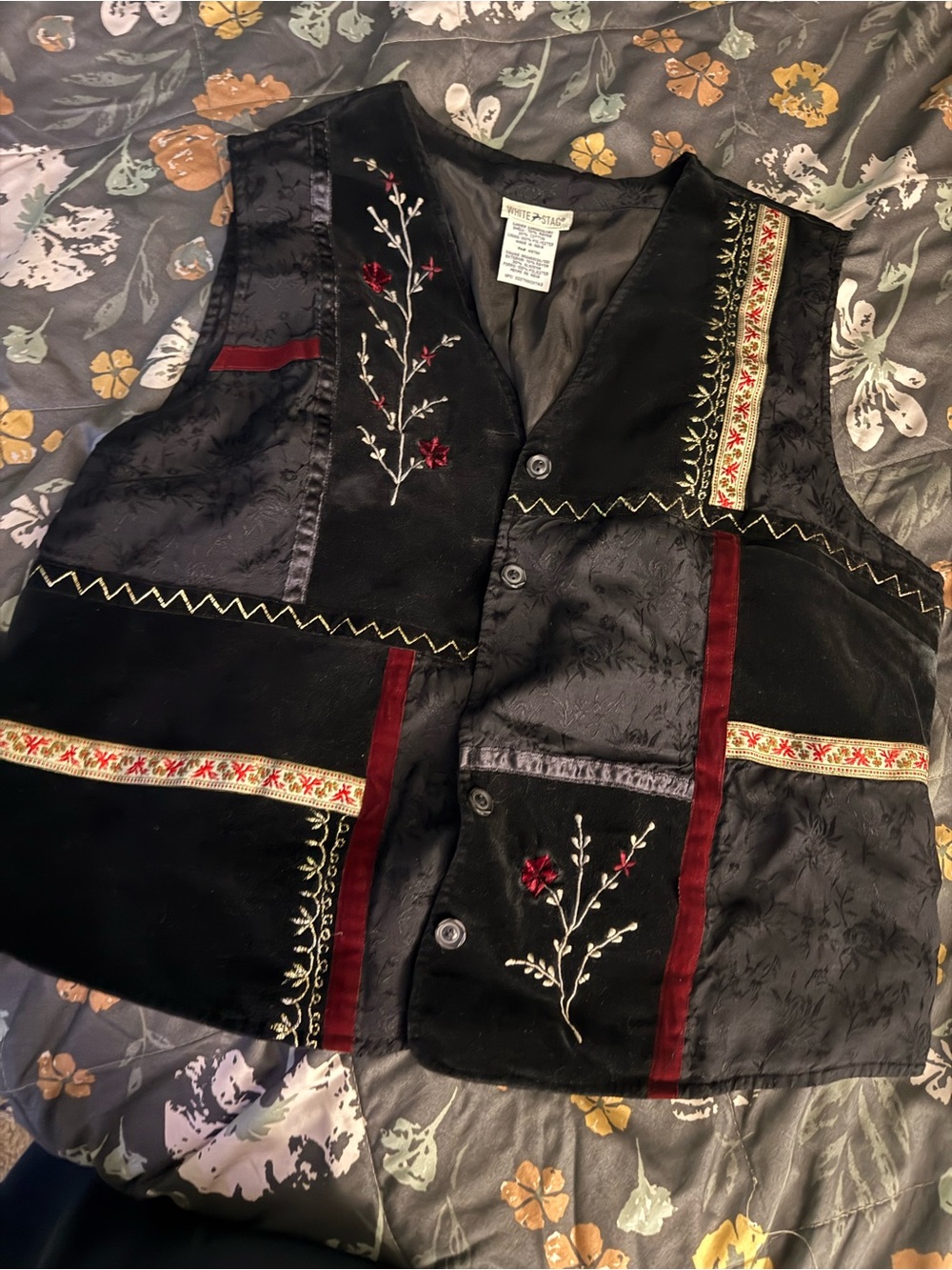 White Stag Black Velvet Embroidered Patchwork Vest with Red Accents